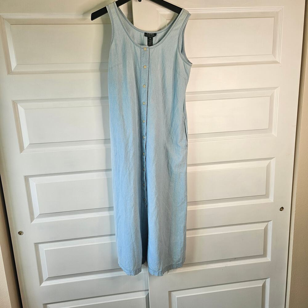 Lauren Ralph Lauren Vintage 100% Cotton Denim Midi Jumper Dress Button Front 10P
